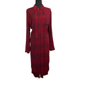 Dear John Cassandra Shirt Dress Medium Red Plaid Gauze Roll Tab Long Sleeves New